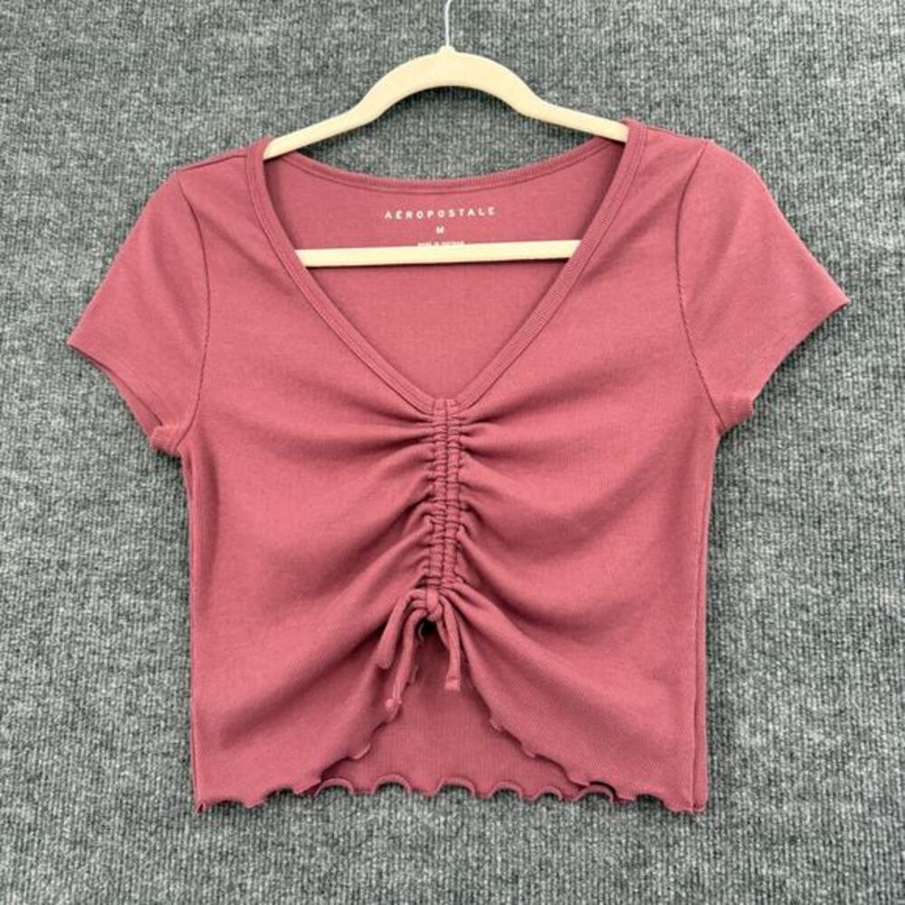 Aeropostale Cropped Cinch Front Tee T-Shirt Size M Mauve Rib Knit Lettuce Hem